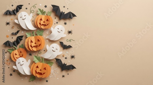 Halloween flat lay composition with ghosts bats and pumpkins