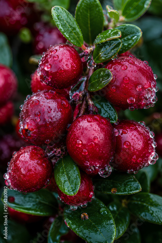 Fresh Red Cranberries with Water Droplets on Branch Close Up