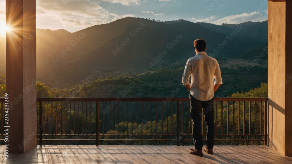 Fototapeta premium Mountain view, man, balcony, sunset, back view