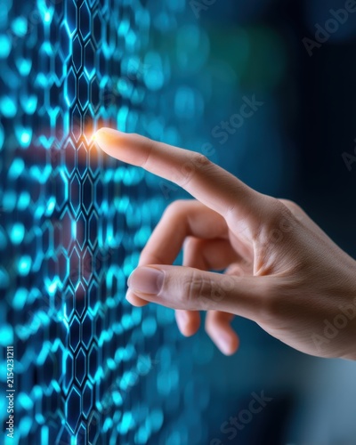 Vertical composition, a hand touching a semi transparent wall of glowing blue glass hexagons, data ripples spreading from the touch, dark office background