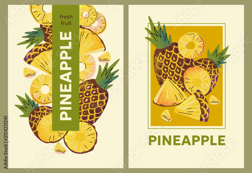 Elegant botanical poster featuring whole and sliced pineapples in a modern vintage style. Tropical fruit illustration with minimalist composition, decorative frame, and soft natural color palette