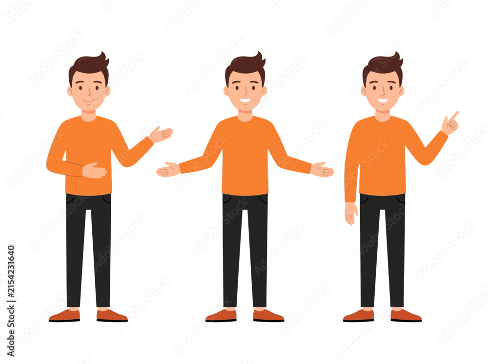 Fototapeta premium Flat Vector Character Set of Man in Orange Shirt Presenting and Pointing