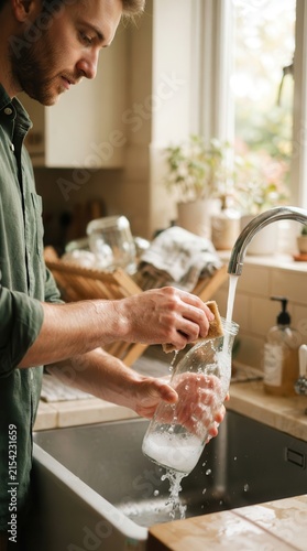 Domestic mindfulness as a man gently cleans a glass bottle under a flowing kitchen faucet