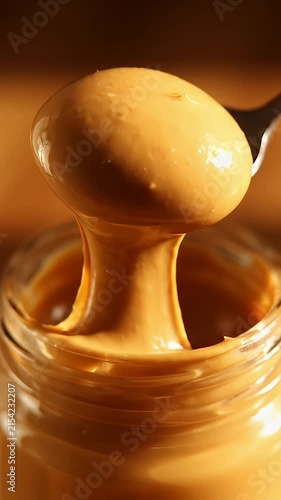 Spoon dipping into jar of creamy peanut butter
