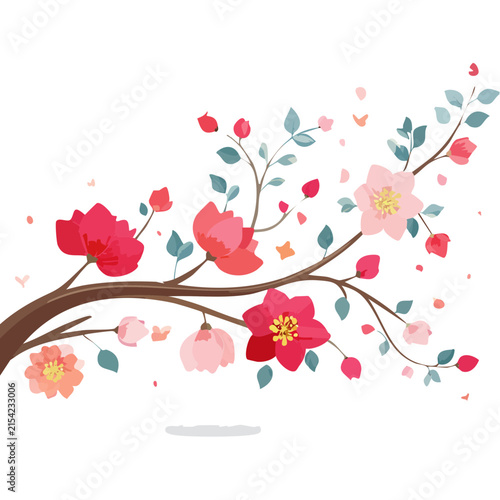 Colorful flowering branch with blossoms and leaves