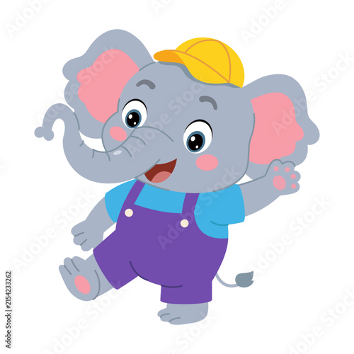 Foto A cheerful cartoon elephant in colorful overalls raises one arm while walking, presenting a friendly animal character with a lively waving gesture