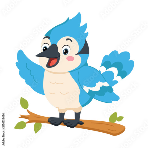 Foto A bright blue jay perches on a branch with wings raised and an open beak, presenting a lively bird mascot with a cheerful and expressive cartoon personality