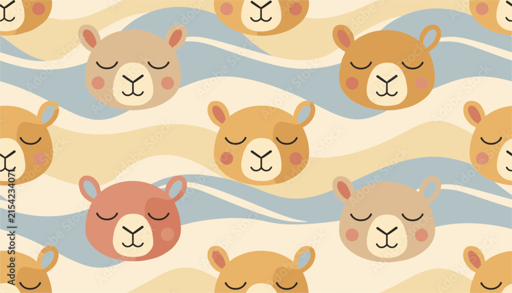 Naklejka premium Cozy vector repeat pattern of cute sleeping llamas and alpacas on a warm yellow and soft blue wavy background design.