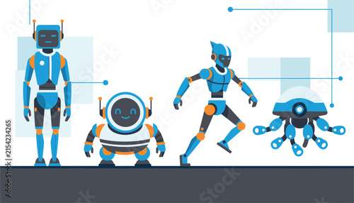 Collection of diverse cute robot characters including humanoid drones and robotic spiders with blue and orange futuristic designs.