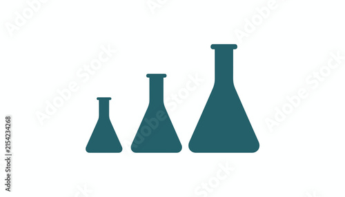 Minimalist graphic of three laboratory chemical flasks of increasing sizes in dark teal color isolated on a clean white background.