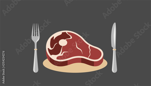 Fresh juicy beef steak served on a plate with fork and knife utensils against a dark grey background in flat graphic style.