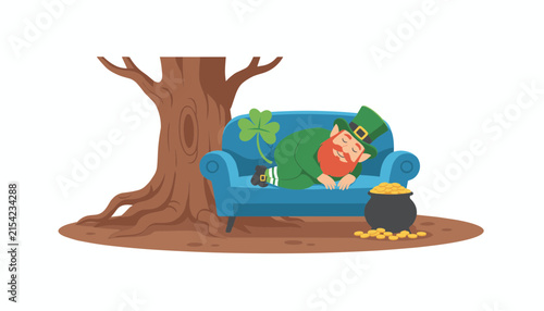 Irish leprechaun character sleeping on a blue couch under a large tree trunk with a pot of gold coins and shamrock decoration.