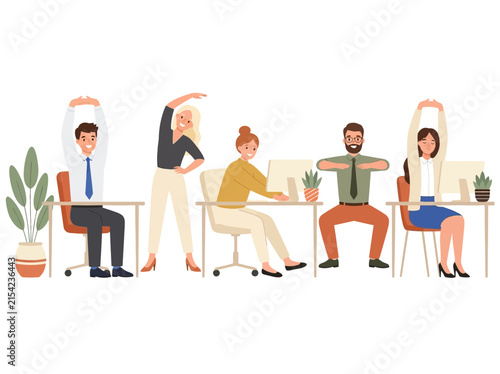 Diverse Office Workers Doing Physical Exercises and Stretching at Desks for Workplace Wellness Vector Illustration