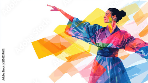 Vibrant illustration of woman colorful kimono, expressing grace and elegance through dance. background features abstract shapes bright colors