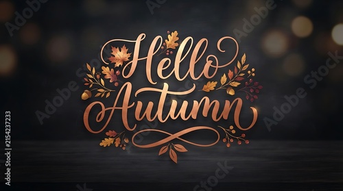 Elegant Hello Autumn typography design with golden leaves on a dark wooden background.