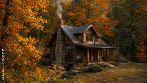 Rustic Log Cabin in Autumn Forest with Smoking Chimney