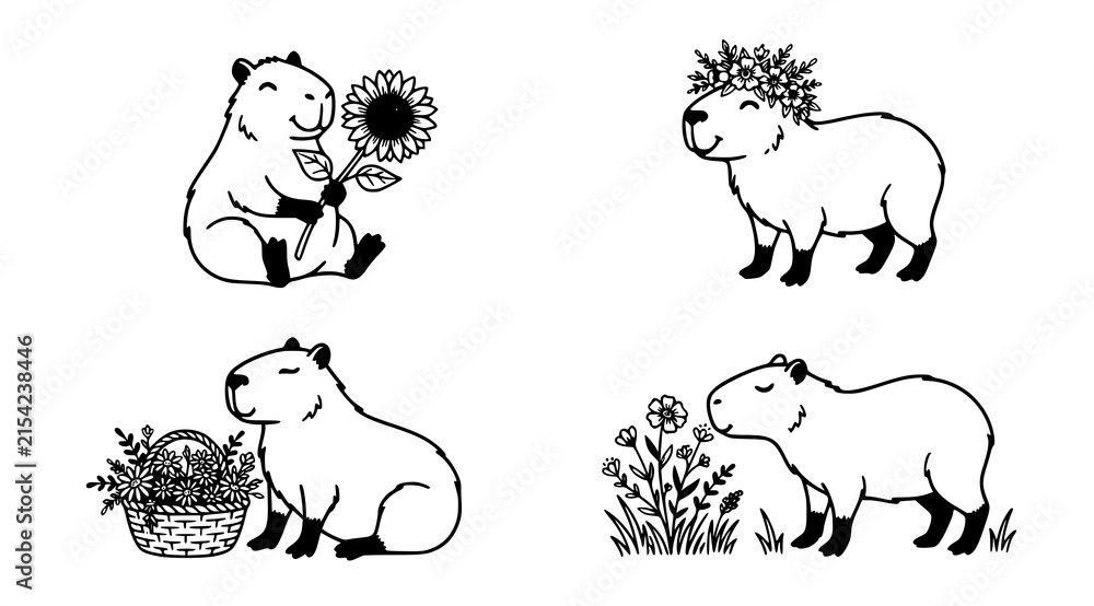 Obraz premium Friendly capybara with sunflower vector set flat black cute rodent floral silhouette collection 