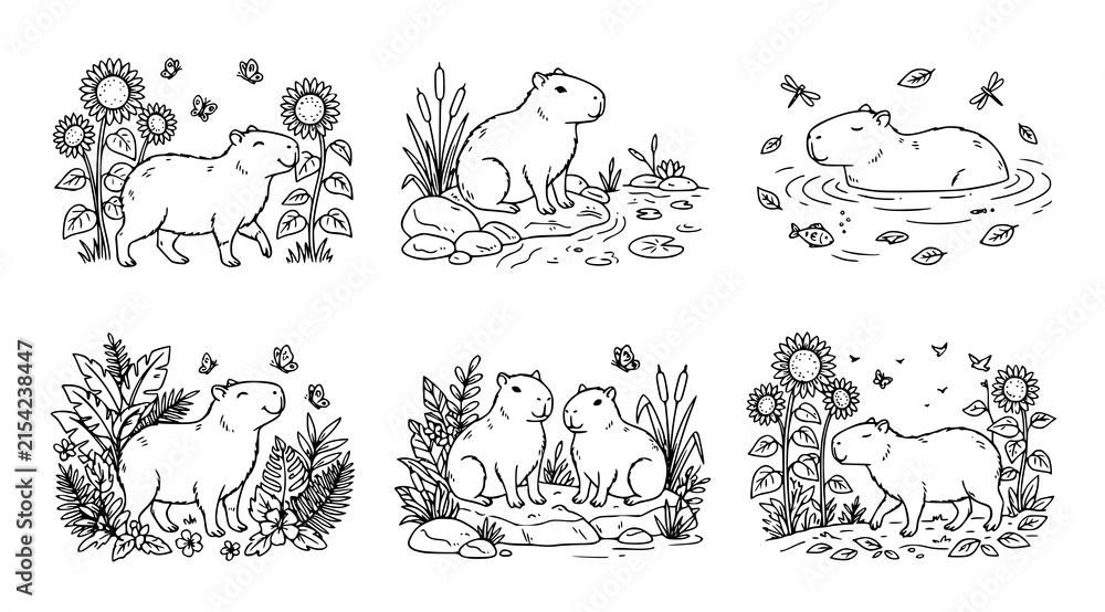 Fototapeta premium Minimalist capybara line art vector bundle whimsical animal and sunflower outline drawing set 