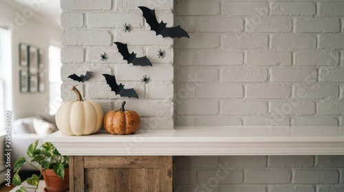 Minimalist grey brick fireplace with pumpkins and bats
