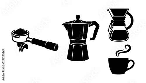 Espresso Essentials: A collection of classic coffee brewing tools, including a portafilter, moka pot, pour-over brewer, and a steaming cup, illustrating the art and craft of coffee preparation.