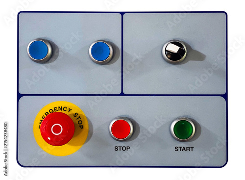Photography Industrial electrical switchboard with emergency stop and rotary switches isolated on transparent background