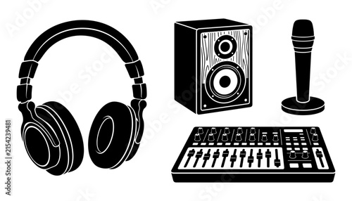 Audio Equipment Silhouette: A collection of audio equipment including headphones, a speaker, a microphone, and a mixer, presented as a clean silhouette graphic.