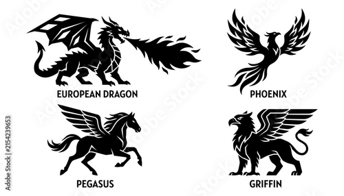 Mythical Creatures Collection: A graphic design showcasing four iconic mythical creatures: a fiery European dragon, a majestic phoenix, a winged Pegasus horse, and a powerful griffin.
