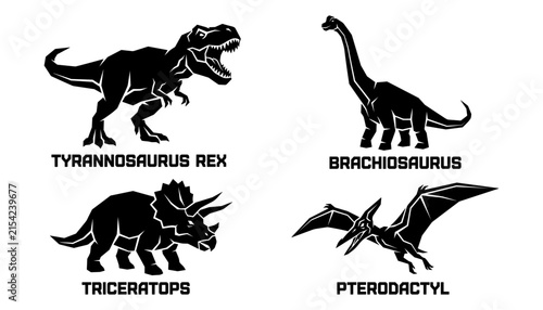 Silhouettes of Prehistoric Giants: A striking collection of black silhouettes showcasing iconic dinosaurs – Tyrannosaurus Rex, Brachiosaurus, Triceratops.