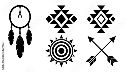 Native American tribal black silhouette vector collection featuring hanging dreamcatcher with feathers, Aztec geometric patterns, sacred sun symbol, and crossed hunting arrows isolated 