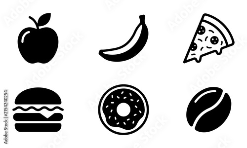 food icons set black and white vector illustrations of healthy and unhealthy snacks.
