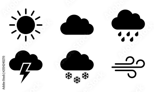 weather icons set black vector symbols representing various climate conditions.