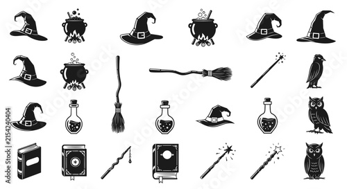 Фотография Witchcraft magic icons set, black silhouette wizard elements, 24 mystical hallow