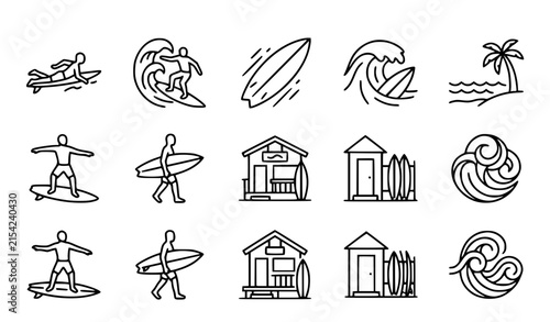 Foto Surfing and coastal recreation thin line icon set with surfer surfboard waves be