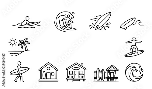 Photography Surf lifestyle rounded vector icon set with coastal athlete surfboard tropical b