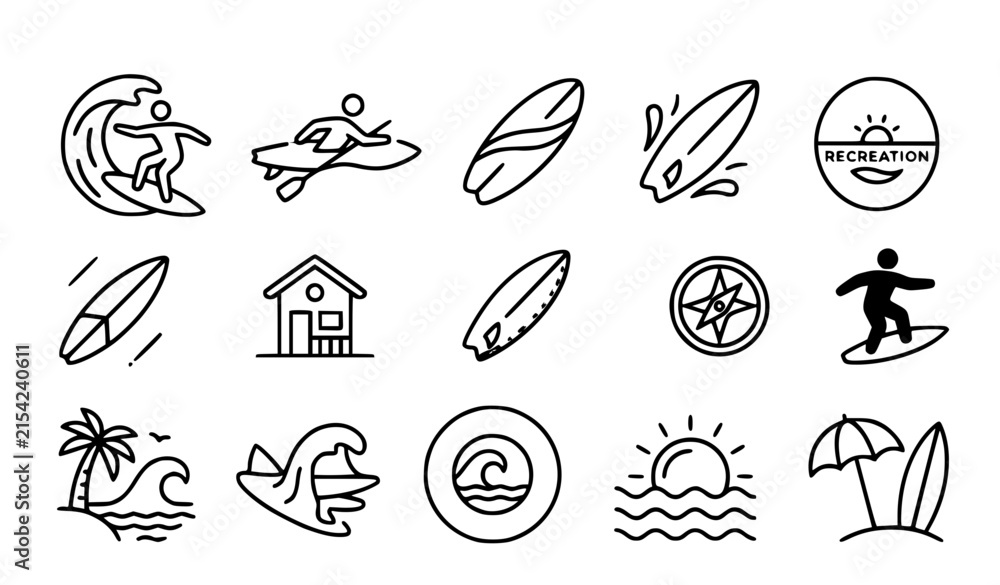 Fototapeta premium Surf lifestyle rounded vector icon set with surfer surfboard beach waves tropical vacation and summer activities