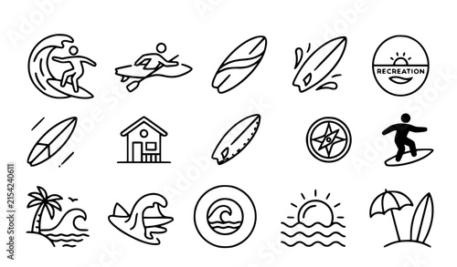 Photography Surf lifestyle rounded vector icon set with surfer surfboard beach waves tropica