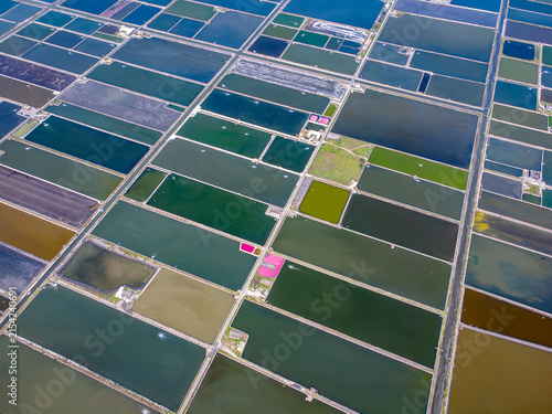 Obraz na plátně Geometric pattern of colorful aquaculture ponds viewed from above