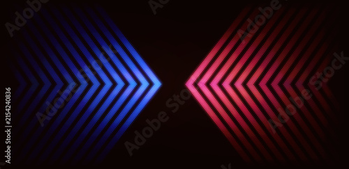 Blue and Red Glowing Halftone Arrows Pointing Toward Each Other on Dark Background