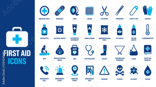 First Aid Icons Set Focused on Medical Symbols.