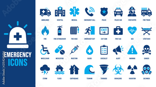 Emergency Icons Set For Medical Safety And Alerts.