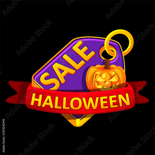 Halloween sale tag badge with spooky pumpkin and red banner