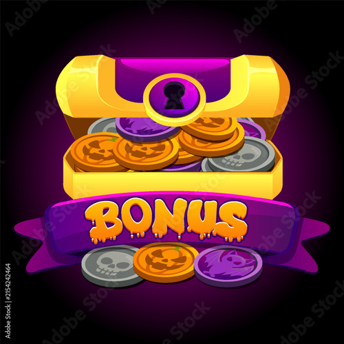 Halloween bonus badge with treasure chest and skull coins vector illustration