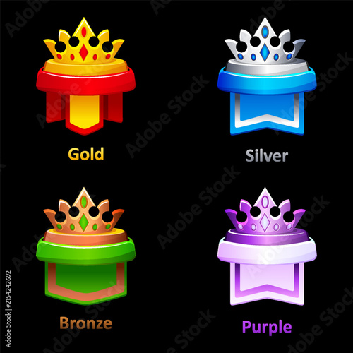 Gold Silver Bronze and Purple Crown Rank Badges Vector Game UI Set