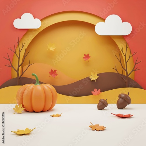 3d rendered autumn scene featuring a large orange pumpkin, two brown acorns, and falling colorful leaves with stylized bare trees and white clouds against a warm red and yellow circular backdrop