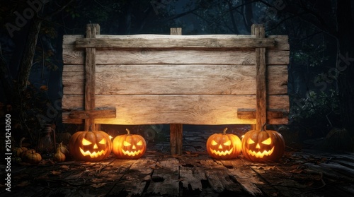 Spooky wooden sign board in haunted forest with pumpkins