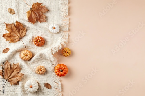 Flat lay composition featuring dried autumn maple leaves, small white and orange pumpkins arranged on a soft beige fringed textile background, with copy space, for seasonal holiday messages