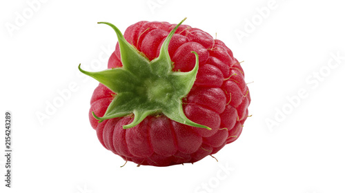 Single ripe red raspberry with green sepals, isolated on transparent background