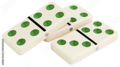 Fotografie Three ivory dominoes with green dots and black dividing lines, isolated on trans