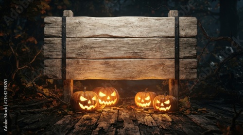 Spooky wooden sign board in haunted forest with pumpkins wide