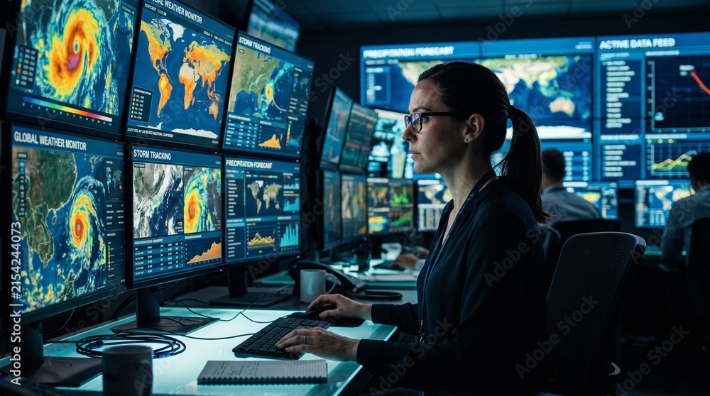 Fototapeta premium Female Meteorologist Analyzing Global Weather Data and Tracking Hurricane Storm on Multiple Screens in Modern High-Tech Control Room Command Center for Climate Change Monitoring